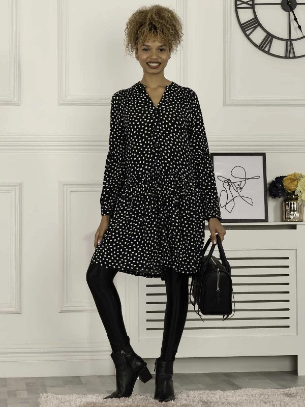 Premium Style Offers Minimalist Chic Penele Printed Viscose Shirt Dress, Black Geo