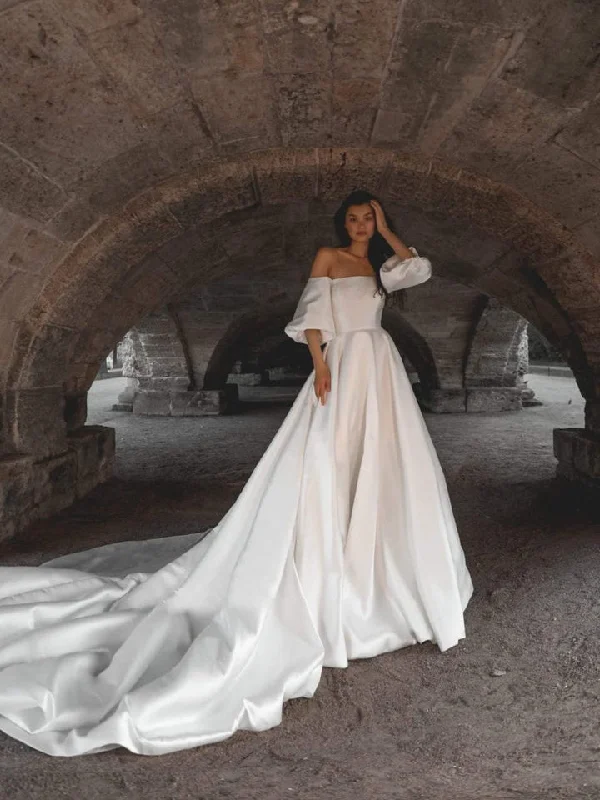 Relaxed Style Deals Now on Sale for Chic Urban Styles Off the Shoulder Long A-line Satin Wedding Dresses, Elegant Wedding Dresses, Long Train Wedding Dresses, Bridal Gown