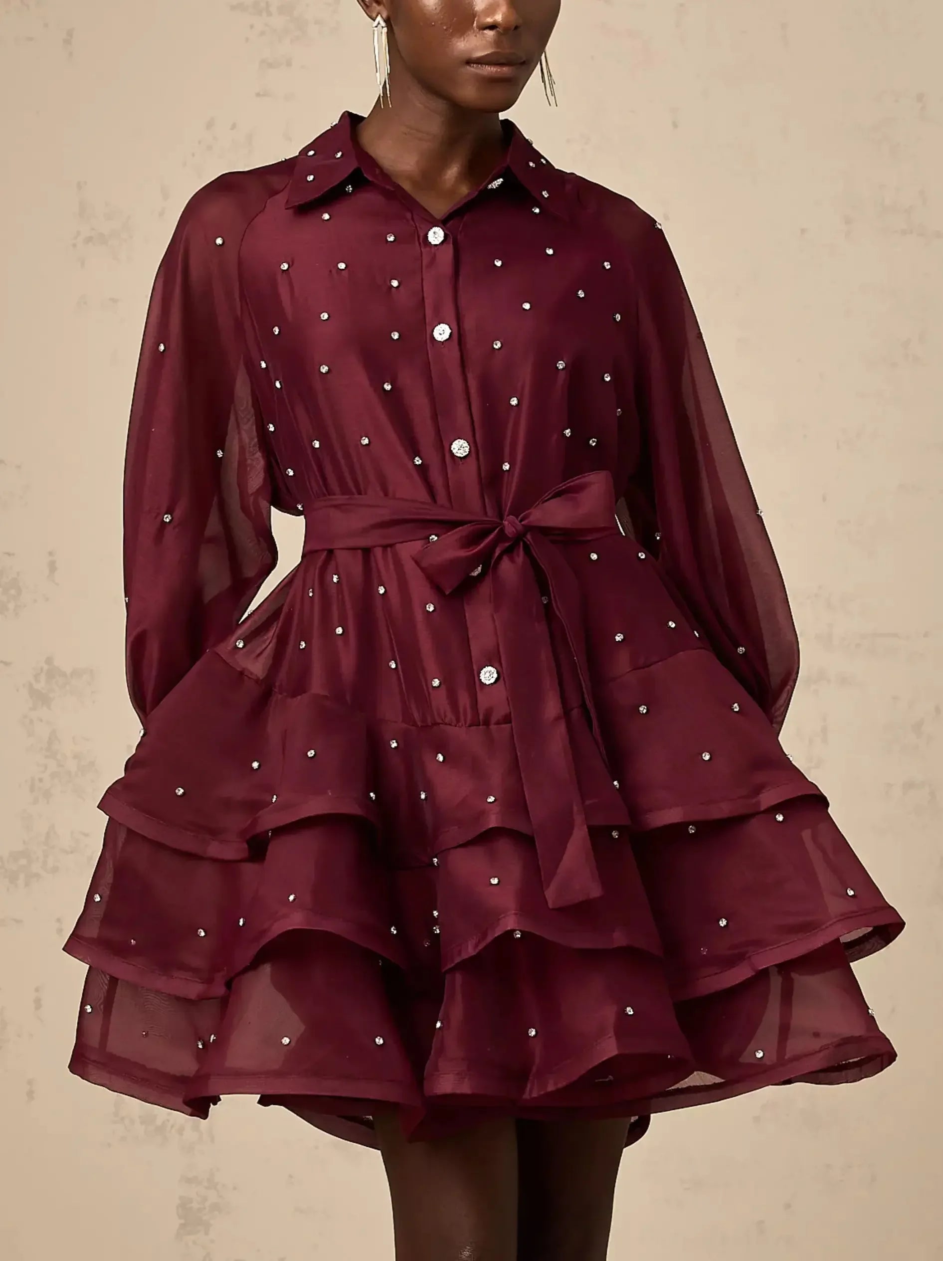 Popular Collection Fashion-Forward Style Bead-Embellished Tiered Flared Shirt Dress in Burgundy