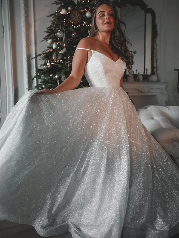 Vintage-Inspired Style Offers Coastal Beach - Inspired Style Spaghetti Long A-line Shny Sequin Tulle Wedding Dresses, Shiny Wedding Dresses, Bridal Gown, Popular 2022 Wedding Dresses