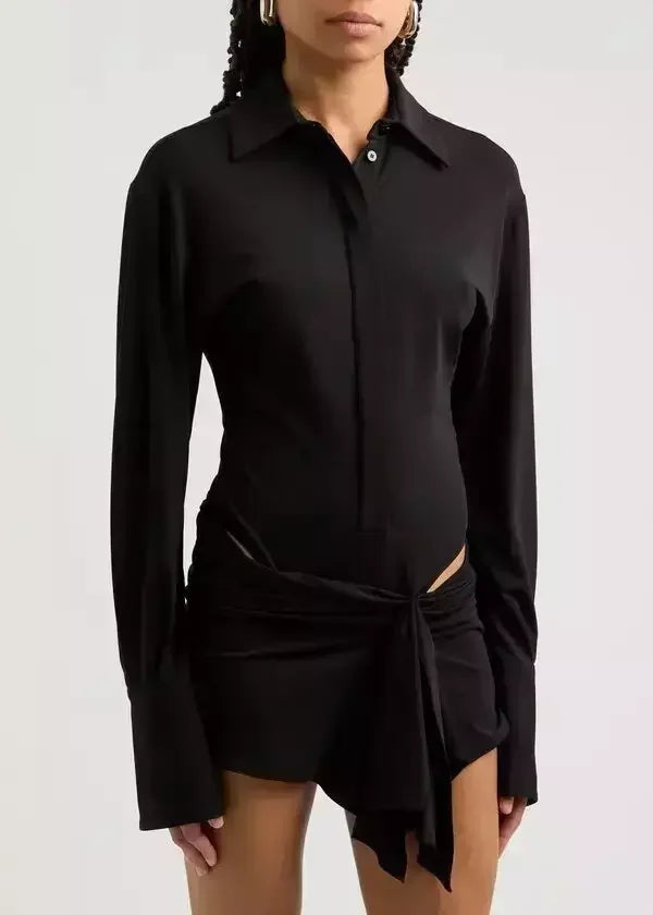 Trendy Fashion Sale Nordic Minimalist Home Look Draped Cut-Out Black Mini Shirt Dress