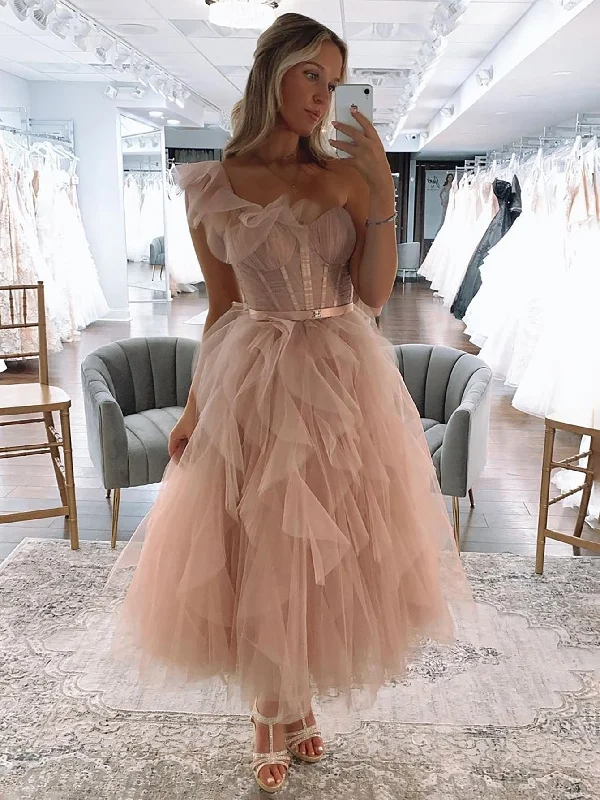 Romantic Chic Deals Dreamy Aesthetic Roycebridal Addie | One Shoulder Blush Tulle A Line Long Prom Dress