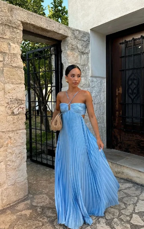 Unleash Your Fashion Feminine Soft - Hued Styles Simple A line Halter Blue Sleeveless Long Prom Dress Formal Evening Dresses BD2541