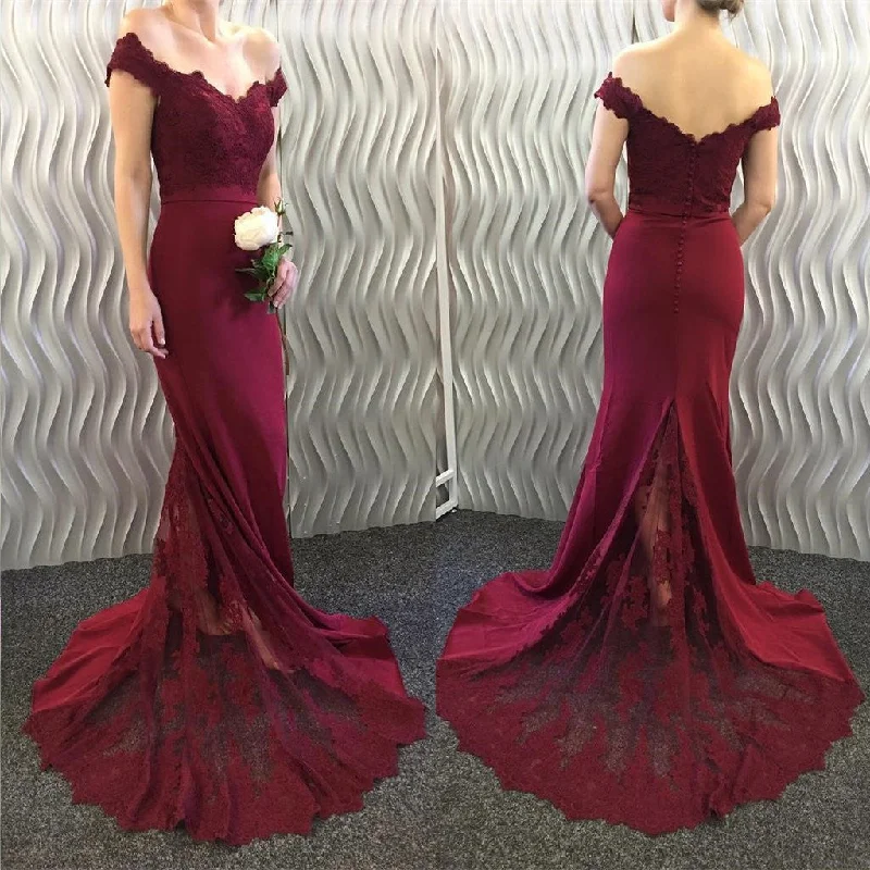 Unleash Your Trendy Side Romantic Date - Night Ensemble Siaoryne off the shoulder Lace Mermaid Burgundy Bridesmaid Dresses Long Prom Gown