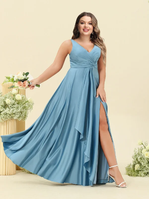 Limited Time Offer Save on Inspired Styles A-Line/Princess Floor-Length Sleeveless Ruffles Plus Size Bridesmaid Dresses With Split Side