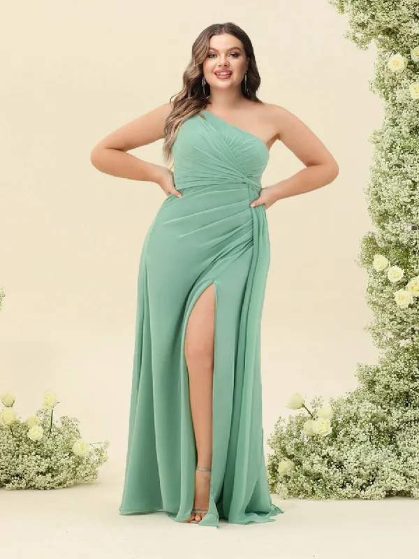 Clearance Sale, All Cheap Urban Sophistication Sheath/Column One-Shoulder Long Ruched Plus Size Bridesmaid Dresses with Ruffles & Split Side