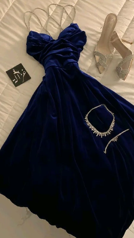 Limited Styles Graceful Drape Modest A Line Straps Sleeveless Royal Blue Velvet Beads Long Prom Dresses Evening Dress C3077