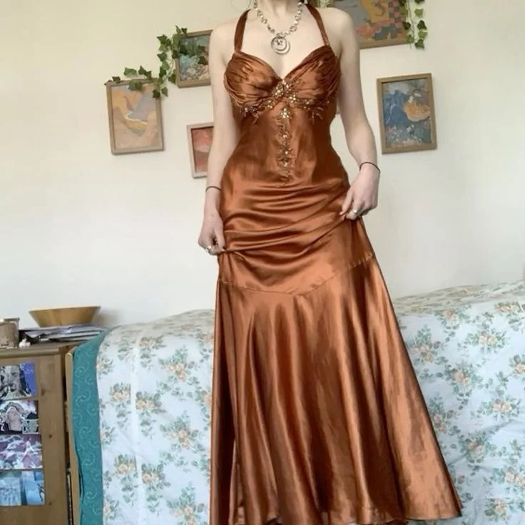 Seasonal Fashion Romantic Detailing Pretty Mermaid Halter Sleeveless Brown Long Prom Dresses Evening Dress With Beads C2952