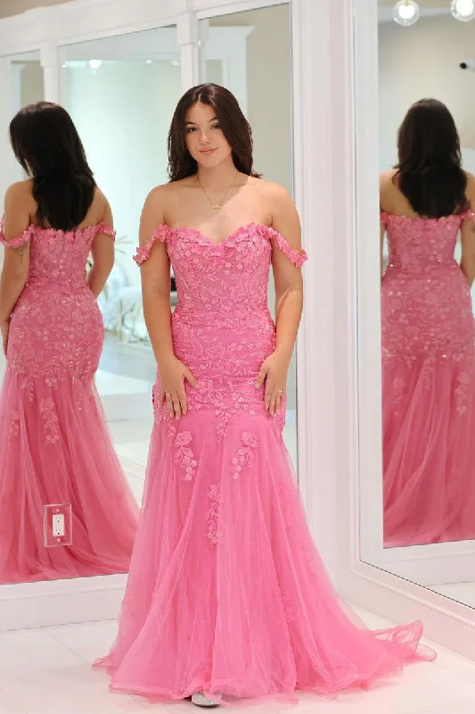 Seize Bargains Fashion-Forward Style Roycebridal Suzanne | Pink Mermaid Off the Shoulder Tulle Long Prom Dress with Appliques