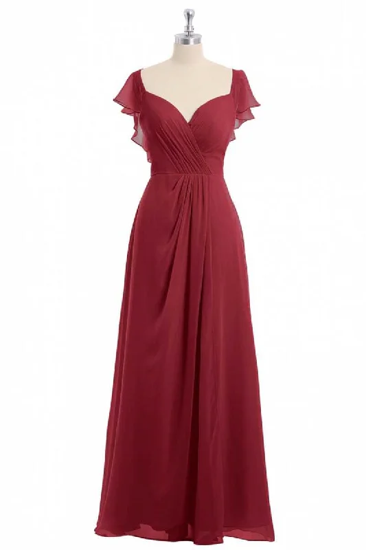 Trendy Pulse Buy More, Save More Wine Red Chiffon Backless Ruffled Sleeve Long Bridesmaid Dress