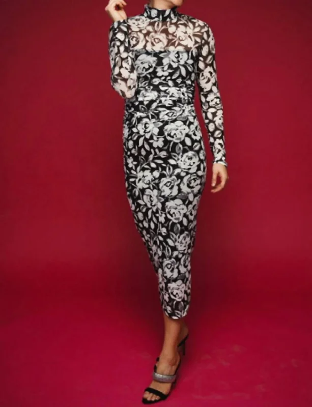 Day-To-Night Styles Ethnic Cultural Event Wear Dominique Long Sleeved Printed Mesh Dress In Midnight Rose