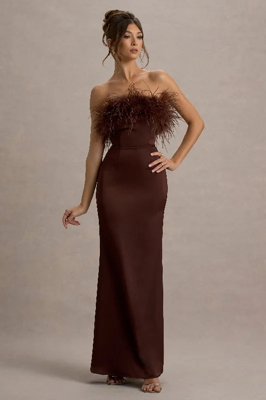 Comfortable Chic Sophisticated Cut Dress For It | Brown Satin Feather Trim Bandeau Maxi Dress