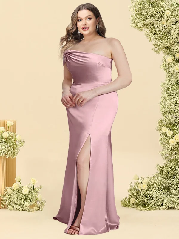 Buy More, Save More Great Prices on Feminine Styles Sheath/Column Off-the-Shoulder Floor-Length Ruched Plus Size Bridesmaid Dresses With Split Side