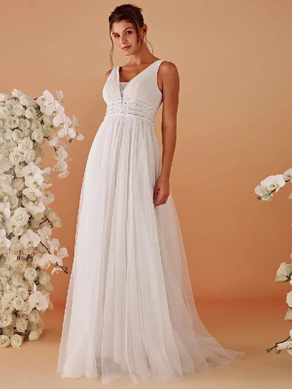 Retro Style Promotions Feminine Flow Backless A Line Sleeveless Wholesale Wedding Dresses with Deep V Neck