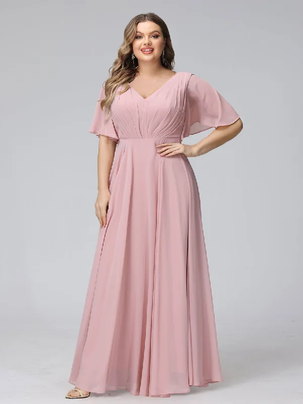 Shop Sales Ethnic Cultural Event Wear A-Line V-Neck Half Sleeves Long Chiffon Plus Size Bridesmaid Dresses With Ruffles Pockets