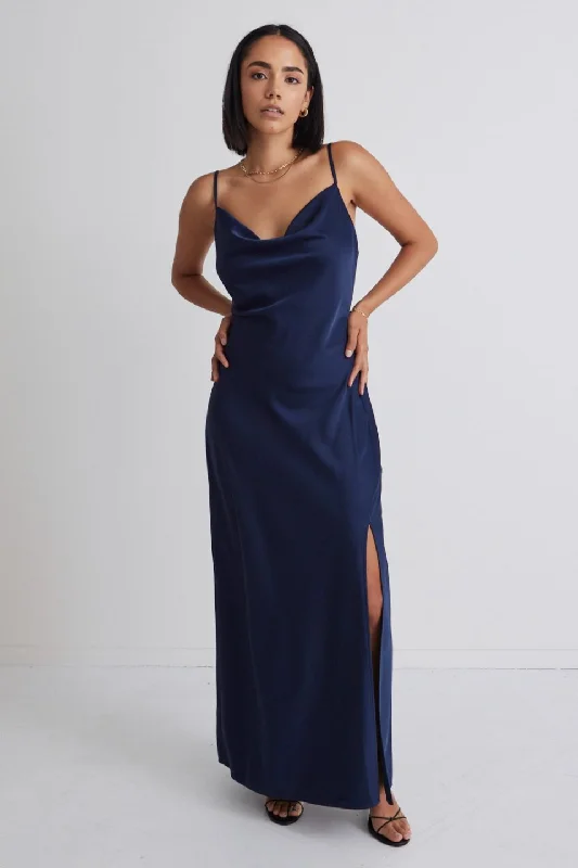 Trend Alert Save on Inspired Styles Show Stopper Navy Satin Strappy Midi Dress