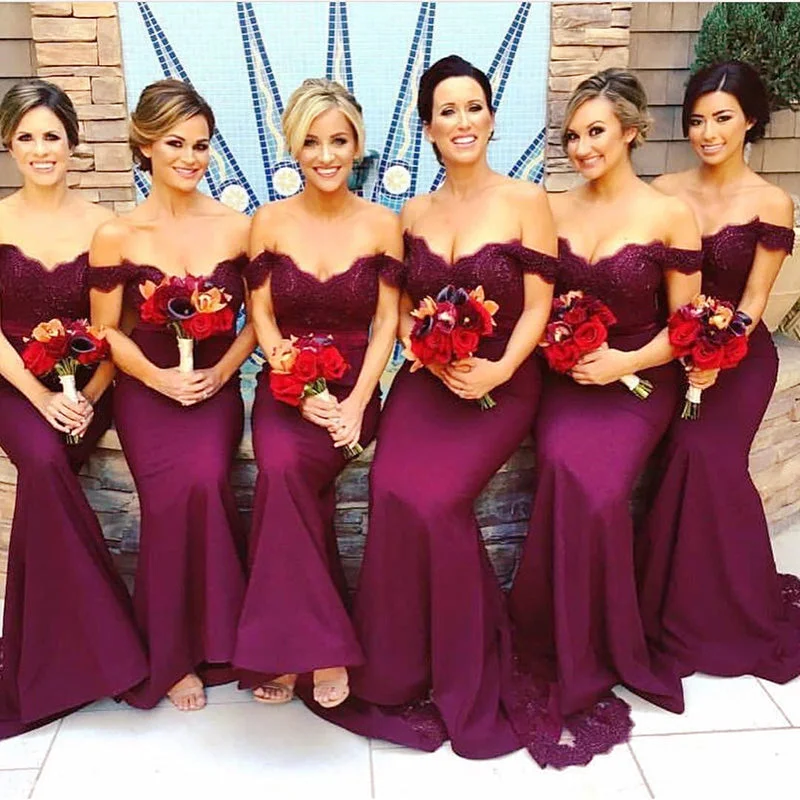 Seasonal Sale Flash Deals Burgundy Off the Shoulder Women Bridesmaid  Dress Long Off the Shoulder Lace Mermaid Party Gown