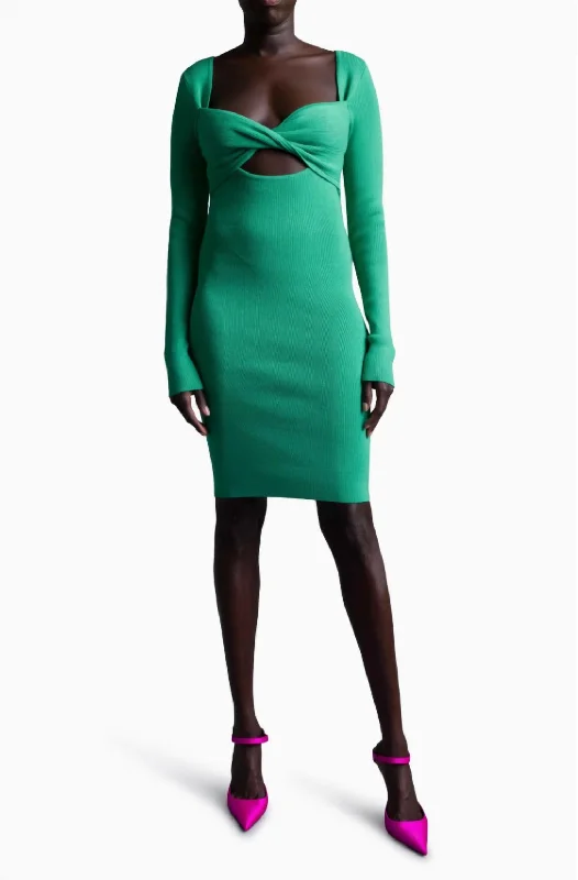 Limited Time Flash Sale Great Deals on Ethnic Cultural Wear Retrograde Twist Front Long Sleeve Knit Dress In Emerald