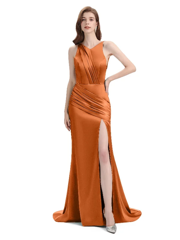 Chic Trends Unveiled Romantic Date - Night Ensemble Sexy Backless Mermaid Side Slit Soft Satin Long Mermaid Maid of Honour Outfits