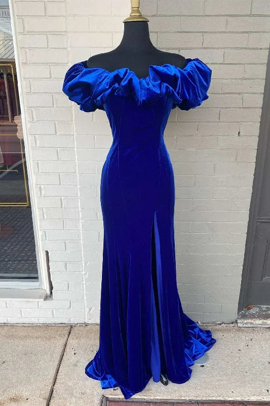 Hot Sale Graceful Drape Roycebridal Royal Blue Off-the-Shoulder Ruffled Mermaid Long Prom Dress