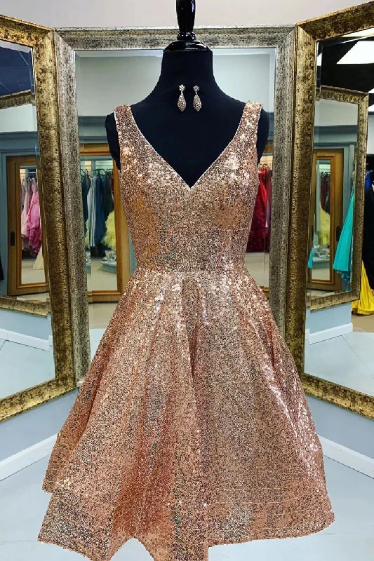 Valentine's Special Hollywood Glam Award - Show Style Roycebridal Sequins Short Prom Dresses Gold A-line V-Neck Homecoming Dresses