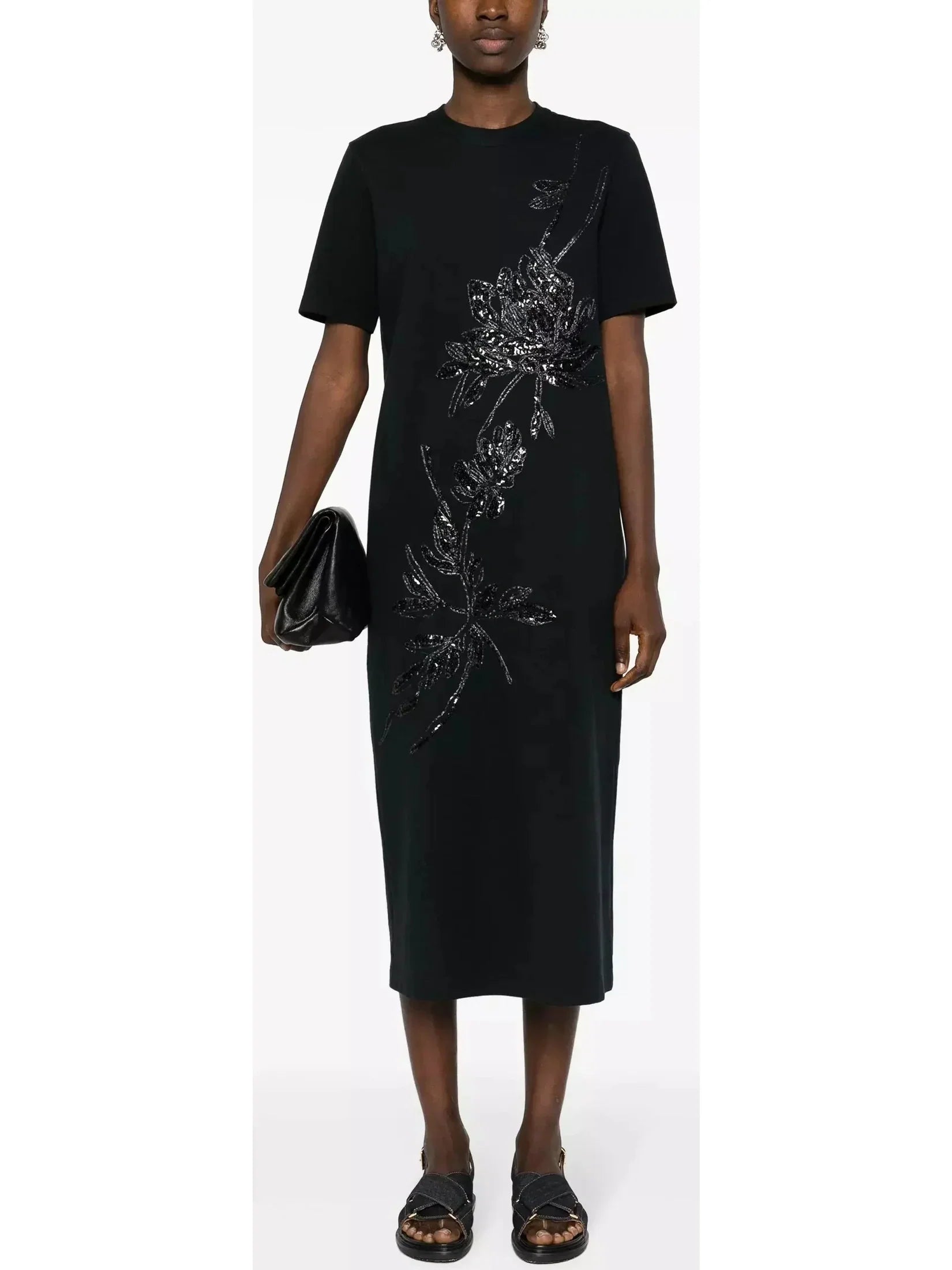 Fashion Forward Now on Sale for Chic Urban Styles Black Sequin-Embellished Midi T-Shirt Dress