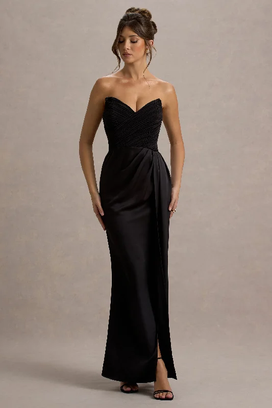 Forward Trendsetter Playful Elegance Edel | Black Satin Strapless Maxi Dress With Drape