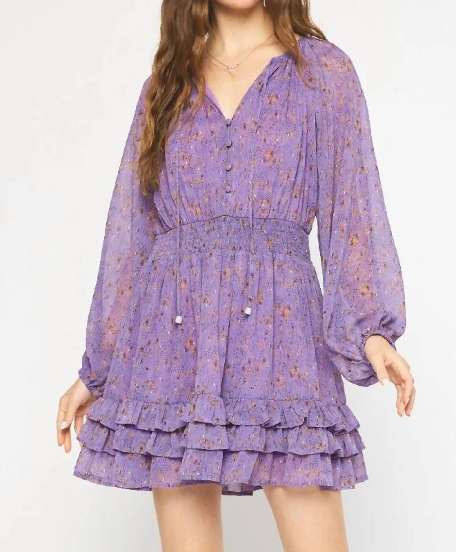 Comfort Meets Fashion Flowy Fabric Long Sleeve Smocked Dress In Purple