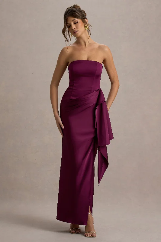 Snag Fabulous Fashion Bargains Graceful Movement Loz | Burgundy Satin Bandeau Draped Maxi Dress