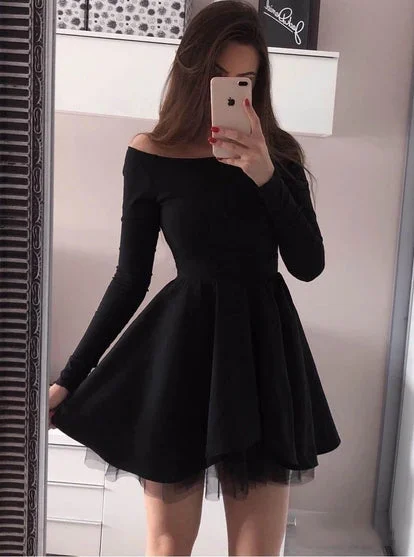 Chic & Modern Sales Art Deco Geometric Pattern Look Long Sleeve Black Homecoming Dresses Off Shoulder Short Prom Dress OM484