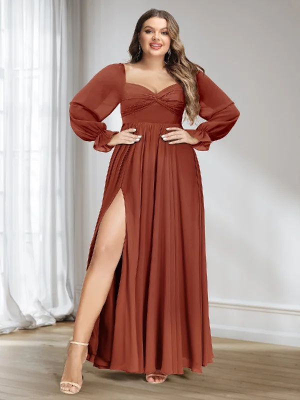 Refined Fashion Sale Casual Elegance A-Line/Princess Sweetheart Chiffon Long Sleeves Plus Size Bridesmaid Dresses with Split Side