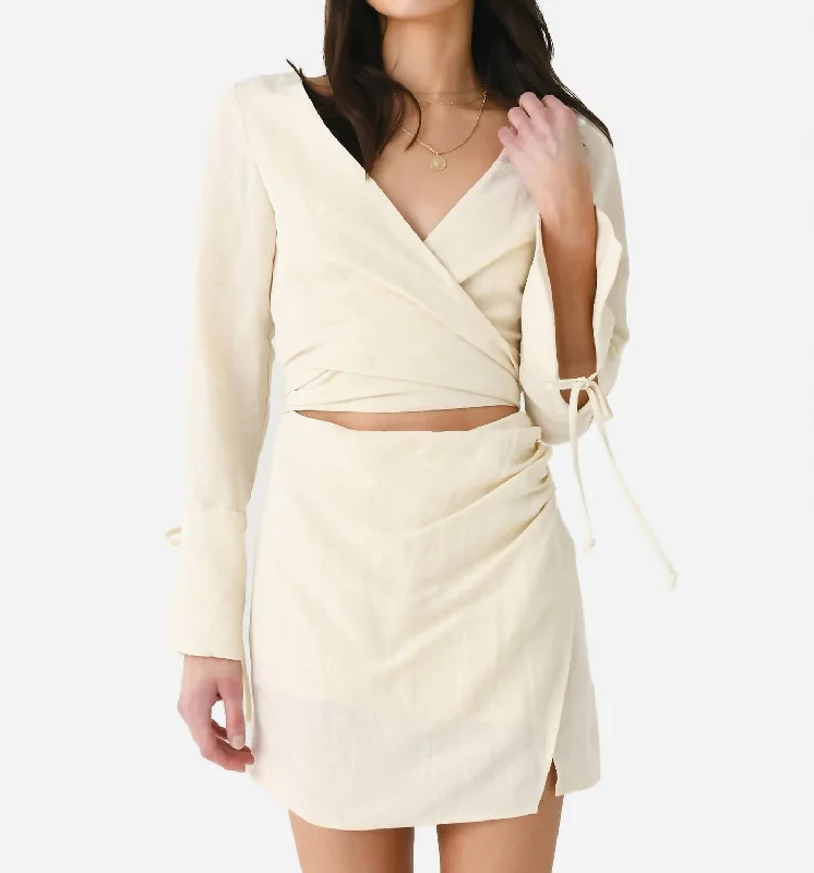 Buy More, Save More Ethnic Cultural Event Wear Long Sleeve Mini Wrap Dress In Beige Viscose Linen