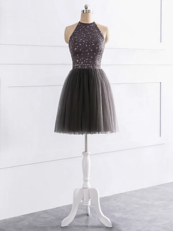 Chic And Trendy Bold Patterns A-Line/Princess Halter Sleeveless Satin Tulle With Beading Short/Mini Bridesmaid Dresses