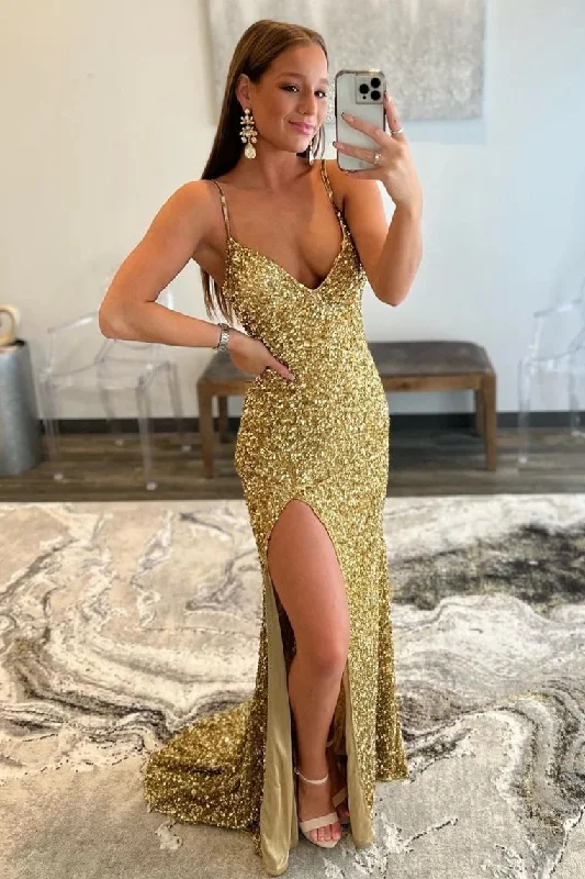 Chic & Modern Sales Father's Day Deals Roycebridal Arlene | Charming Mermaid V Nekc Gold Sequins Long Prom Dresses with Slit