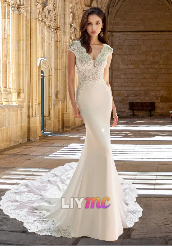 Chic Trend Collection Feminine Flow V-Neck Cap Sleeves Lace Appliques Sleek Mermaid Wedding Dress