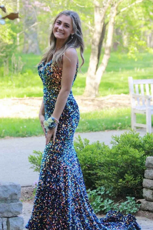 Trendy Styles Score Big on Glamorous Red - Carpet Styles Roycebridal Glitter Navy Blue Sequined Mermaid Prom Dress