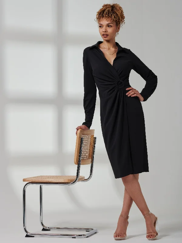 Chic & Modern Sales Everyday Glamour Reveka Wrap Ruched Shirt Dress, Black