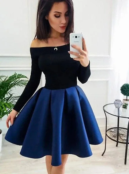 Feminine Style Promotions Vintage Retro Party Wear Off-Shoulder Long Sleeves Royal Blue Short Prom Homecoming Dress OM394