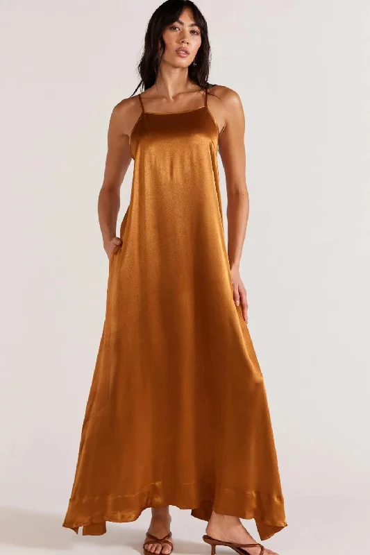 Trendy Styles Lighten Up with Nordic Styles Rayna Copper Satin Strappy Maxi Dress