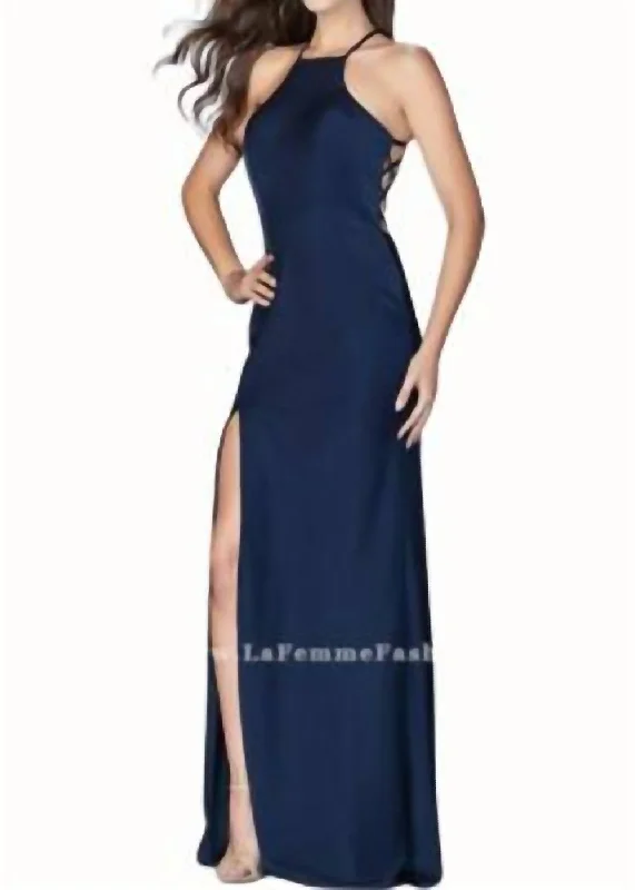 Statement Fashion Offers Ethnic Cultural Event Wear High Neck Jersey Gown In Navy