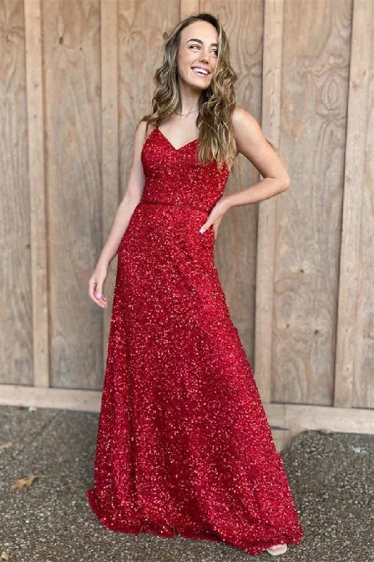 Weekend Exclusive Rustic Countryside Charm Look Roycebridal Spaghetti Straps Red Sequins Long Prom Dress