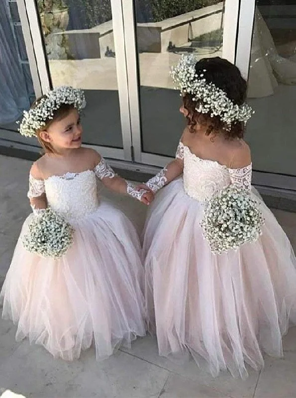 Statement Fashion Offers Graceful Movement Chic Long Sleeves Off-The-Shoulder Tulle Flower Girl Dress OF122