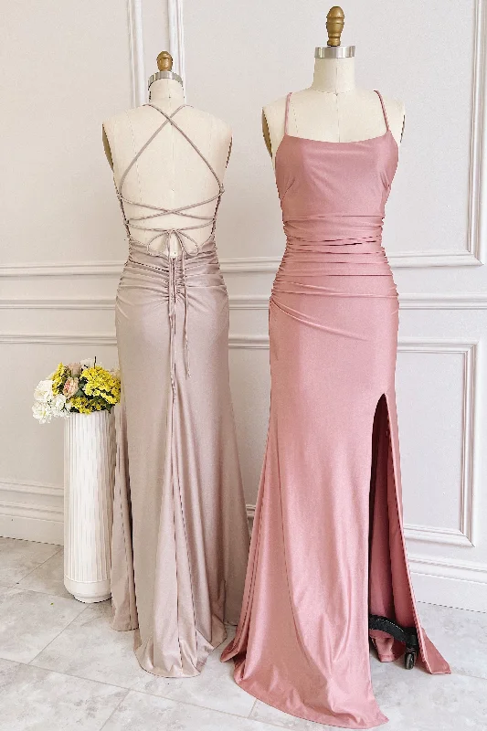 Trend Forward Threads Limited Quantities Dusty Pink Satin Lace-Up Sheath Long Bridesmaid Dress with Slit