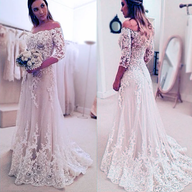 Summer Deals Winter Warm - Up Sale Stunning Off Shoulder Half Sleeve Long A-line Wedding Party Dresses, WD0059