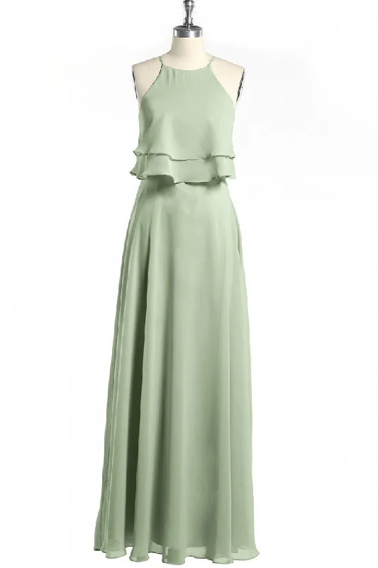 Vintage-Modern Style Offers Now on Sale for Chic Urban Styles Sage Green Chiffon Halter Ruffle A-Line Long Bridesmaid Dress