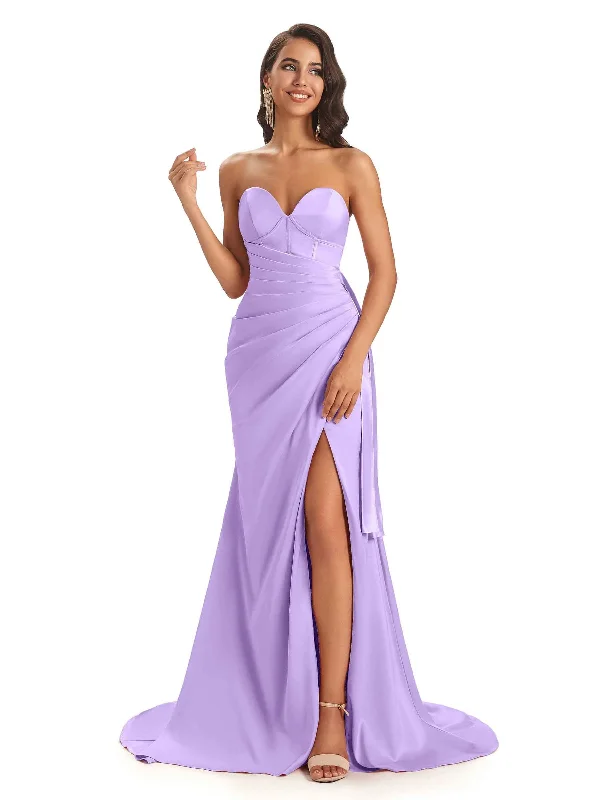 Avant-Garde Style Promotions Chic Urban Fashion Look Sexy Soft Satin Side Slit Sweetheart Long Mermaid Formal Gown Wedding Guest Dresses