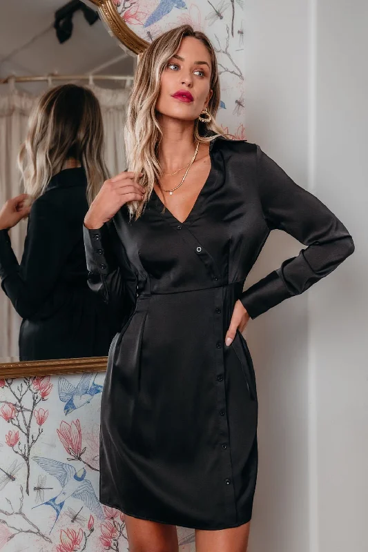 Casual Chic Soft Textures Black V Neck Satin Mini Dress - FINAL SALE