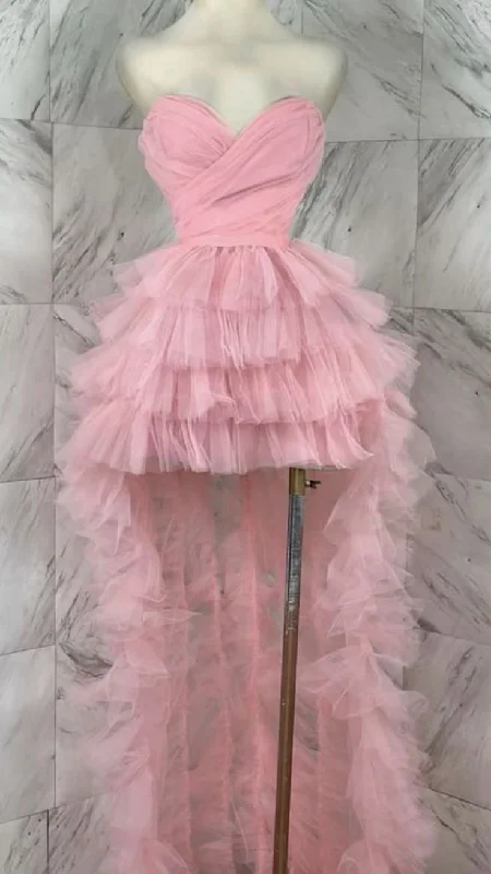 Casual Chic Deals Today Only High Low Sweetheart Sleeveless Tulle Pink Long Prom Dresses C1044