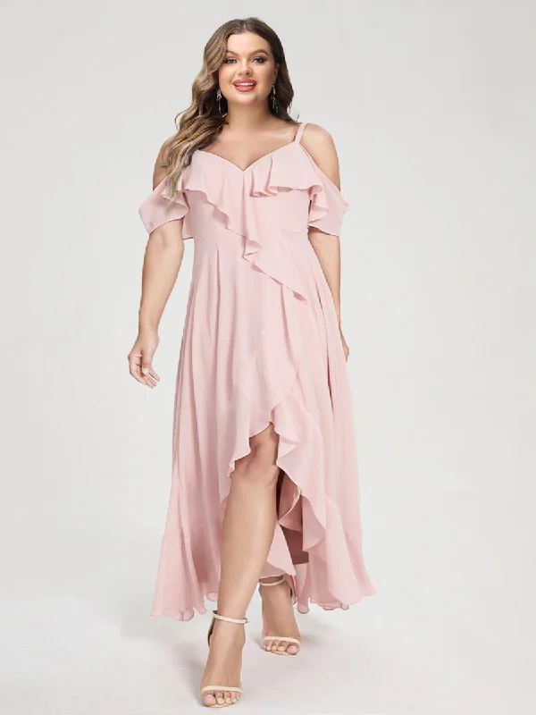 Hot Items End - of - Month Blowout A-Line/Princess Chiffon Spaghetti Straps V-Neck Short Sleeves With Ruffles Asymmetrical Plus Size Bridesmaid Dresses