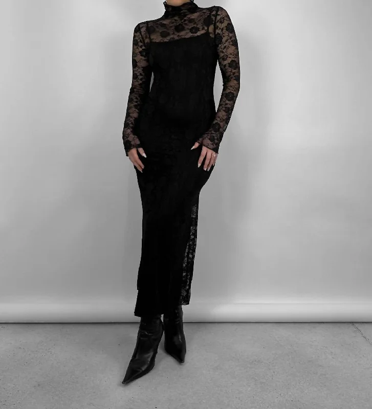 Insane Discount Onslaught Y2K Nostalgic Fashion Look Mock Neck Rose Lace Long Sleeve Dress In Black